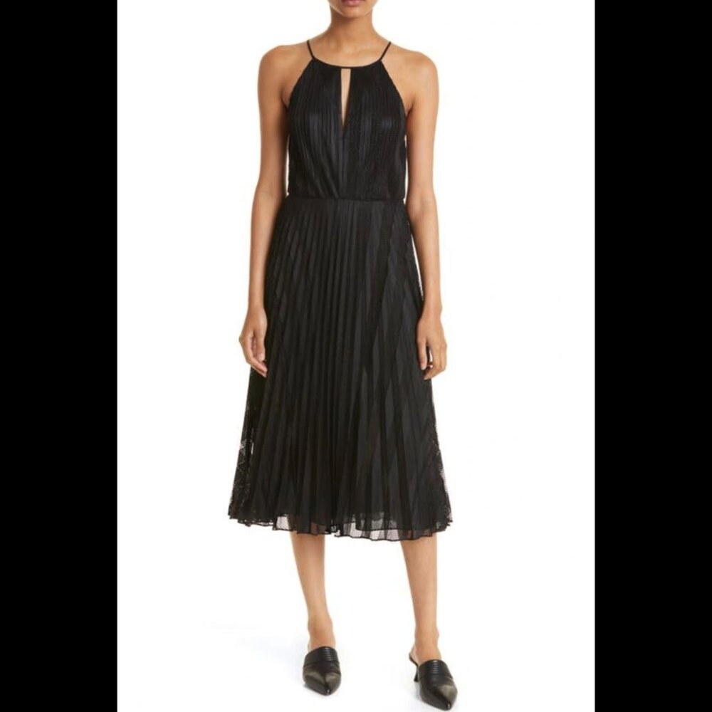 Theory Pleated Lace Midi Dress Size 4 Mod Black High Neck Halter Keyhole